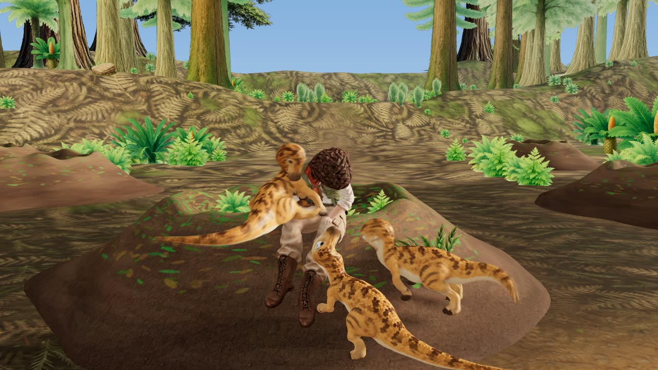 Baby Maiasaura crowd an invisible visitor in the nest
